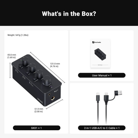 Product package showing SK01 Portable Headphone Amplifier With Built In EQ And Preamp Bass Midrange Treble Tone Control, manual, and cable.