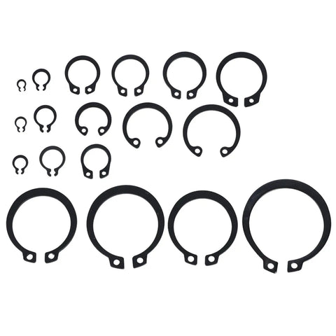 Different sizes of the Gearhead Approved 17 Size External Retaining Ring Snap Ring Kit 2 To 32 Mm E Clip Circlip Set with hardened metal rings.