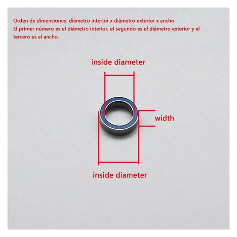 10 Pcs Rubber Sealed Miniature Ball Bearings Kit Featuring Sizes 2x6x3mm, 5x10x4mm, 5x11x4mm, 6x12x4mm, And 12x18x4mm For Small Motors, RC Cars, Drones, And Hobby Projects. Dimension diagram of a rubber sealed ball bearing showing inside diameter and width