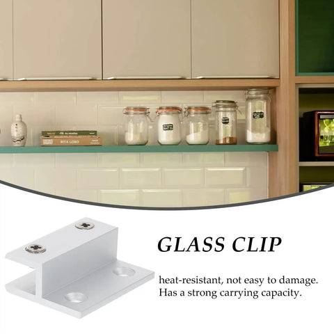 Heavy Duty Aluminum Alloy Glass Shelf Brackets Set with beefy carrying capacity, two hole floating shelf clips in kitchen