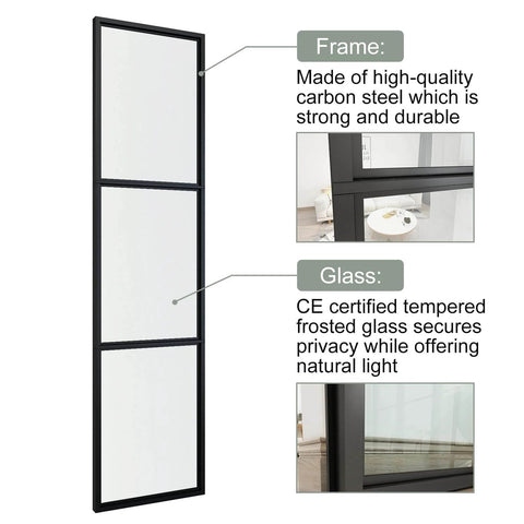 Detailed view of Double Sliding Barn Door Set 42 By 84 Inch With 7 Foot Hardware Kit And Soft Close Mechanism showing carbon steel frame and frosted glass panels.