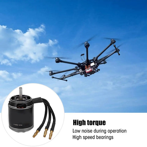 Beefy Brushless RC Motor 600KV High Power For Multicopters And Drones in flight over clear sky, black aluminum, precision balanced rotor
