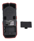 Fafeicy Stud Finder with Adjustable Depth for Walls, black and red tool back view, battery compartment visible.