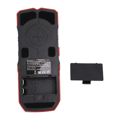Fafeicy Stud Finder with Adjustable Depth for Walls, black and red tool back view, battery compartment visible.