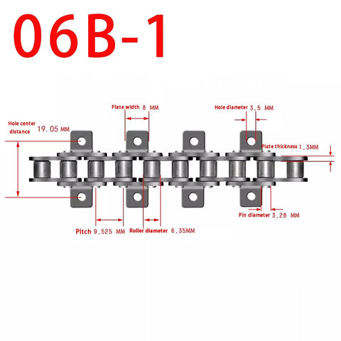 Get The 06B-1 Single Strand Industrial Conveyor Chain At 9.5mm Pitch And 1.5 Meter Length For Heavy Duty Machine Transmission, detailed dimensions visible.
