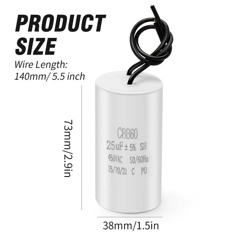 CBB60 Go-To Run Capacitor 25uF 450V AC for air compressor and water pump motor, showing dimensions and wire length.
