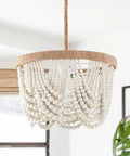 Bohemian Wood Beaded Pendant Light With White Finish Rustic Three Light Mini Chandelier For Bedroom And Nursery Hallway And Dining Room Hand Rope Knot Design For Cozy Vibe