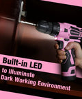 Using Pink 12V Cordless Drill Driver Kit With 3/8 Inch Keyless Chuck Includes Charger And Storage Bag in dark cabinet
