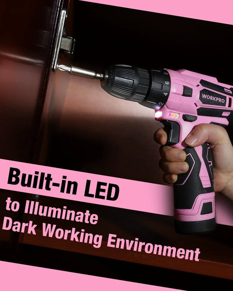 Using Pink 12V Cordless Drill Driver Kit With 3/8 Inch Keyless Chuck Includes Charger And Storage Bag in dark cabinet