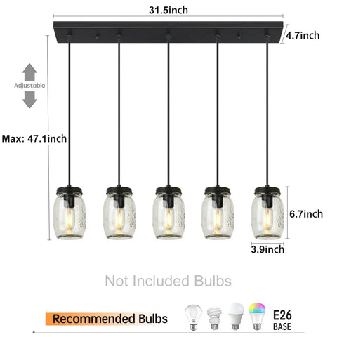 Dimensions of Five Light Mason Jar Pendant Lighting Fixture Black Rustic Farmhouse Chandelier with adjustable jar shades.
