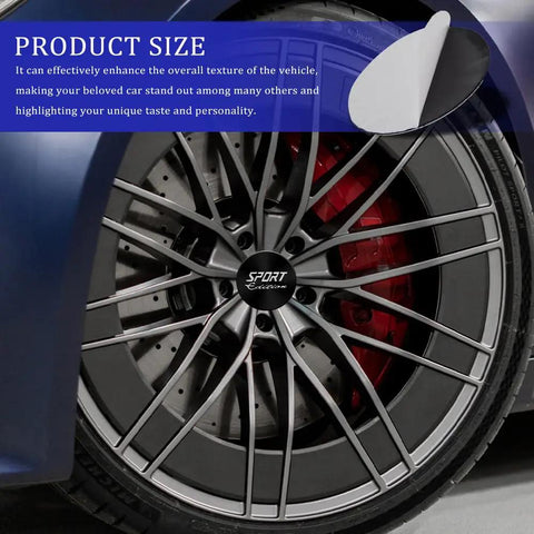 Upgrade Your Daily Ride With These Sick 56MM Aluminum Wheel Center Caps Set on a stylish car wheel with red brake calipers.