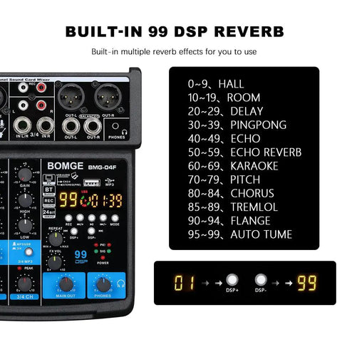 Close-up of 4 Channel Mini DJ Audio Mixer Interface With MP3 USB Bluetooth Dope Stereo Recording 48V Phantom Power 99 DSP display
