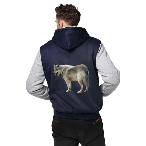Back view of Heavyweight Fleece Hoodie For Men With Full Zip And Warm Inner Lining showcasing wolf design on navy and gray sleeves.