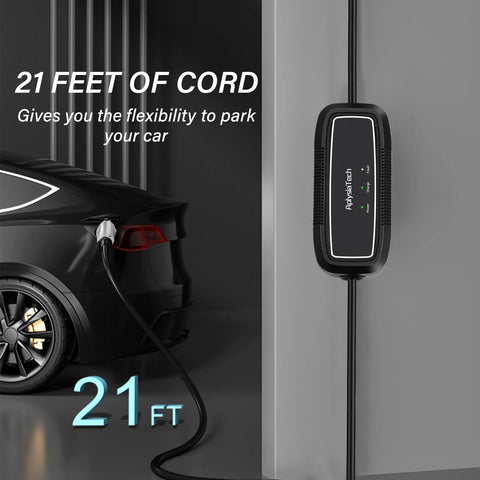 Heavy Duty Portable Level 1 And 2 EV Charger 16 Amp 110 To 240 Volt SAE J1772 Electric Car Charging Cable 21 FT Cord plugged into a car.
