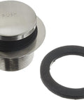 14 Inch Tub Waste And Overflow Assembly One And A Half Inch With White Slip Joint Tubing And ADA Hands Free Tip Toe Drain Plug Easy Install Two Hole Faceplate Satin Nickel Finish Four Pack close-up of satin nickel drain plug and gasket