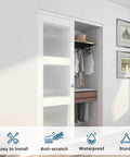Sliding Bypass Closet Door Set, 48 Inches Wide By 80 Inches Tall, 24.5In Panels With Frosted Glass, installed in bedroom.