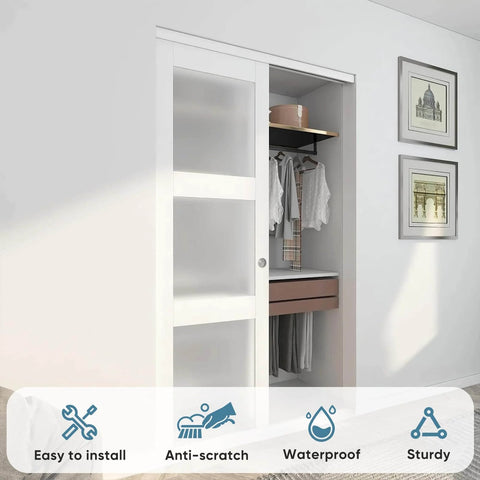 Sliding Bypass Closet Door Set, 48 Inches Wide By 80 Inches Tall, 24.5In Panels With Frosted Glass, installed in bedroom.