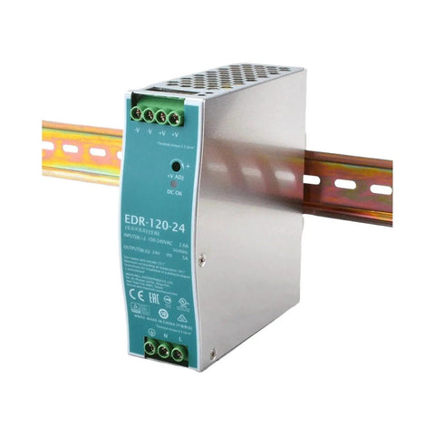 24V 5A DIN Rail Power Supply, 120W, Universal 90-264 VAC Input, Efficiency Up To 87.5%, Output Adjustable From 24 To 28V DC, Heavy-Duty 24V Power Supply For Industrial Control Panels, Automation And Networking Gear mounted on TS-35 rail