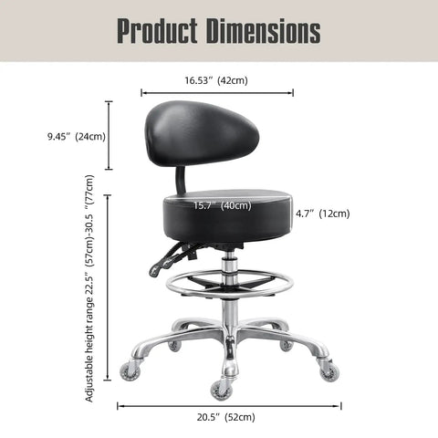 Big Cushion Drafting Chair With Backrest Rolling Stool For Studio Workshop Classroom Lab Or Home Office, dimensions labeled.