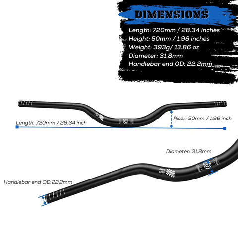 Diagram of Smpl Mountain Bike Handlebar 31.8mm Diameter 50mm Rise 720mm Width Aluminum Alloy Black with dimensions. 