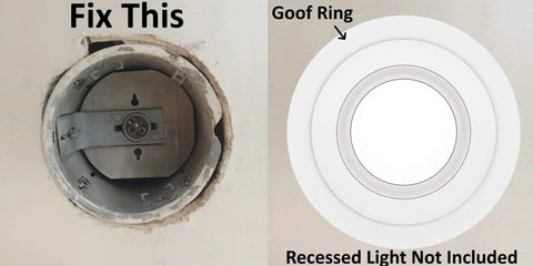 Gloss White Goof Trim Rings For Recessed Lighting Cans, 8.07 inches, conceals drywall gaps around ceiling fixtures.