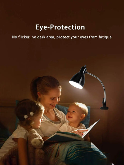Family reading under Eye-Caring Clip On Desk Lamp With 360 Degree Gooseneck Reading Light, Portable Clamp On Table Lamp