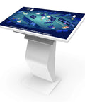 Ready To Roll 43 Inch Windows 11 Touch Kiosk with sleek white stand, displaying indoor navigation map for interactive use.