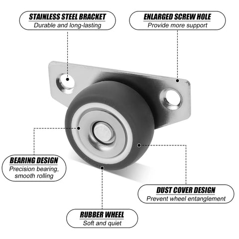 Set Of 4 Low Profile Side Mount Casters With Quiet Rubber Wheels, showcasing stainless steel bracket and rubber wheel design.