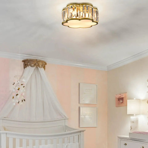Glow Up Your Space With A Luxe Crystal Flush Mount Ceiling Light In Gold Finish, Modern 3 Light Fixture With Flower Drum Crystals