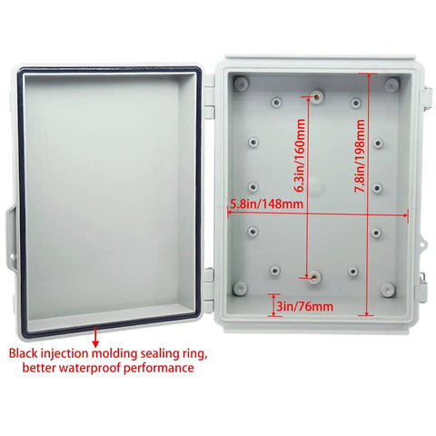 Open view of Outdoor Electrical Box Enclosure With Clear Hinged Cover IP67 Waterproof ABS Project Box showing interior dimensions.