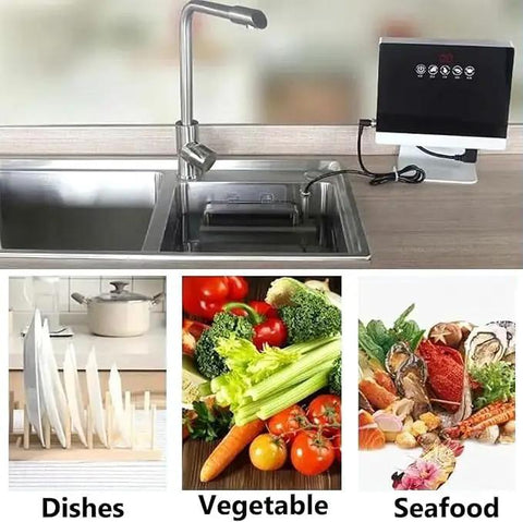 Slick Portable Sink Dishwasher And Veggie Washer Offering Automatic Hands Free Cleaning For Apartments And Camping, Reinforced Plastic, Fast Drain Layout, Total No Sweat Operation with dishes, vegetables, and seafood.