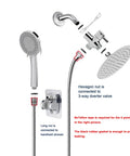 High Pressure 8 Inch Round Rain Shower Head With 5 Settings Handheld Shower Filter Combo Chrome Finish shown in installation diagram