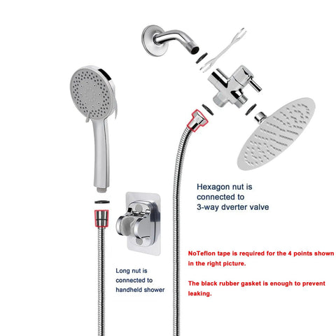 High Pressure 8 Inch Round Rain Shower Head With 5 Settings Handheld Shower Filter Combo Chrome Finish shown in installation diagram