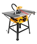 Heavy Duty Portable Mini Table Saw Featuring Slick Dust Collection And Badass 2000W Motor For Zero Fuss Wood Cutting And Top Tier DIY Shop Upgrades Any Weekend Warrior Will Absolutely Love, showing side view with blade and adjustable stand.