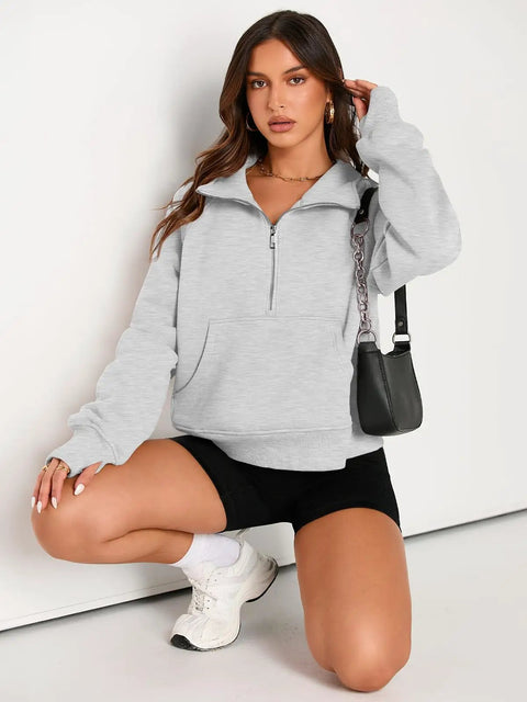Woman modeling Women's Half Zip Fleece Pullover Sweatshirt Hoodie Cardigan For Cold Weather, relaxed fit, cotton-poly blend