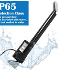 Electric linear actuator, side view, 10-inch, black housing with mounting brackets, IP65 rating