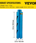 Blue Diamond Dry Core Drill Bit Kit With Pilot Bit And 4.5 Inch Blade For Heavy Duty Concrete Brick And Block Masonry Hole Saw Set 2.5 Inch Diameter Core Bit 9.5 Inch Depth 5/8 Inch 11 Threaded, showing dimensions