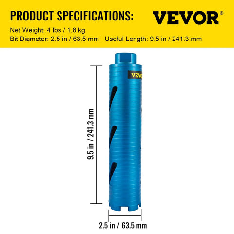 Blue Diamond Dry Core Drill Bit Kit With Pilot Bit And 4.5 Inch Blade For Heavy Duty Concrete Brick And Block Masonry Hole Saw Set 2.5 Inch Diameter Core Bit 9.5 Inch Depth 5/8 Inch 11 Threaded, showing dimensions