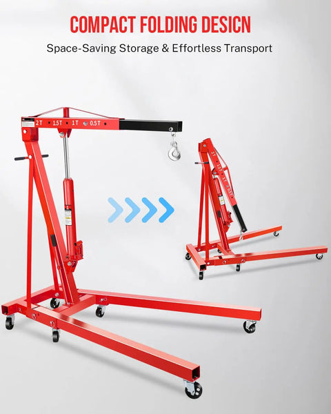Two Ton Hydraulic Engine Hoist Shop Crane With Six Steel Casters Heavy Duty Portable Lift For Car Transmissions Boat Motors And Farm Equipment No Sweat One Person Setup