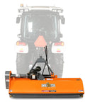 Front view of 72 Inch Three Point PTO Flail Mower With Eight Inch Left Right Hydraulic Side Shift For 45 85 HP CAT 1 Tractors attached to tractor