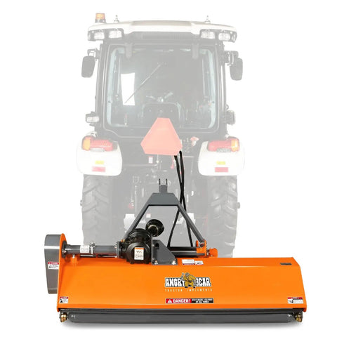 Front view of 72 Inch Three Point PTO Flail Mower With Eight Inch Left Right Hydraulic Side Shift For 45 85 HP CAT 1 Tractors attached to tractor