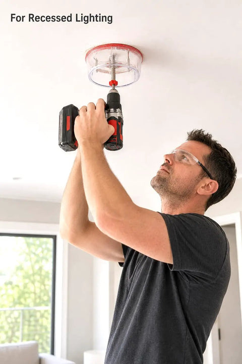 Man using Heavy Duty Adjustable Hole Saw Cutter Kit Twin Blade Drywall Tool for recessed lighting installation.
