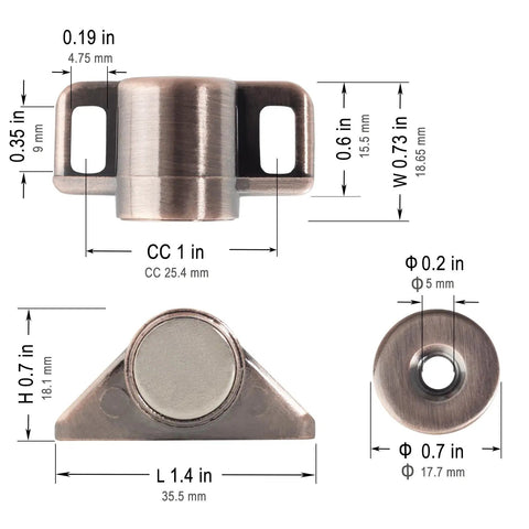 Four Pack Cabinet Door Magnetic Catches With Strong Magnets For Secure Quiet Closures showing dimensions and zinc alloy material