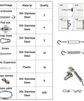 All In One Sun Shade Hardware Kit For Rectangle And Square Sails With 5 Inch Heavy Duty Anti Rust Stainless Steel Marine Grade 304 Components Include 50 Ft Cable Wires And Adjustable Turnbuckles For Easy Pro Installation showing components and materials.