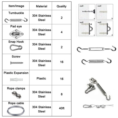 All In One Sun Shade Hardware Kit For Rectangle And Square Sails With 5 Inch Heavy Duty Anti Rust Stainless Steel Marine Grade 304 Components Include 50 Ft Cable Wires And Adjustable Turnbuckles For Easy Pro Installation showing components and materials.
