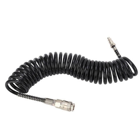 Flexible Coiled Air Hose With Fast Plug N Play Connector For Car Motorcycle Tire Inflation Pump Lightweight Pu Steel Tube Anti Kink 16 Feet Heavy Duty No More Tangles Air Compressor Extension Garage Workshop Smooth Ride Tool Mechanics Crew coiled hose with metal connectors