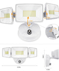 LED Dusk To Dawn Flood Light 80W 8000LM Exterior Security Lighting IP65 Waterproof With 3 Adjustable Heads And Photocell 6500K Floodlight For Garage Patio Yard shown in front and side view with dimensions and adjustable angles