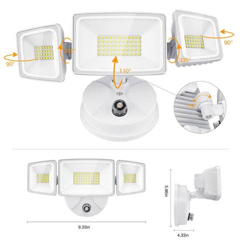 LED Dusk To Dawn Flood Light 80W 8000LM Exterior Security Lighting IP65 Waterproof With 3 Adjustable Heads And Photocell 6500K Floodlight For Garage Patio Yard shown in front and side view with dimensions and adjustable angles