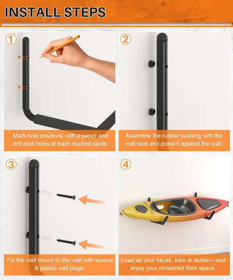 Step-by-step installation guide for Beefy Wall Mount Kayak Storage Rack With Mega EVA Foam And Rubber Bushing For Lockdown Paddle Board And Surfboard Hangers 6 Pack.