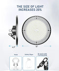 Six Pack 350W Led UFO High Bay Lights 52500LM 5000K Beast Bright side and front view with 5 ft cord and accessories